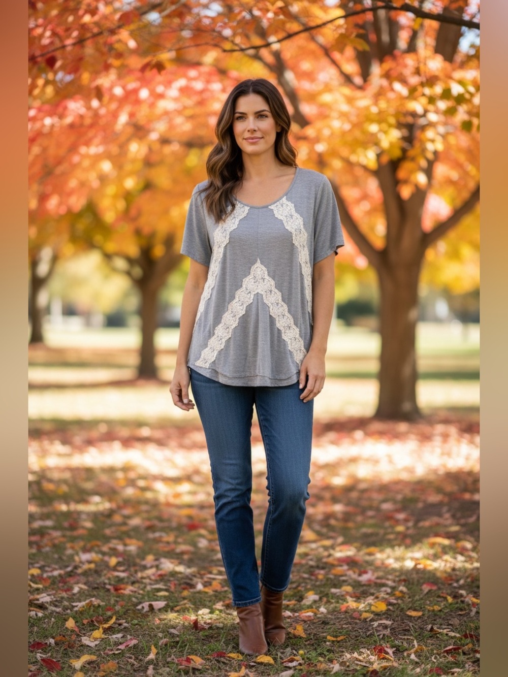Maurices Gray Scoop Neck Short Sleeve Top with Cream Lace Panels